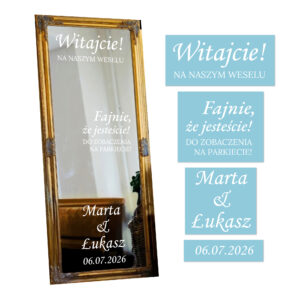 Obraz przedstawia naklejki ślubne na lustro z wybraną, elegancką czcionką.