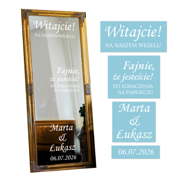 Obraz przedstawia naklejki ślubne na lustro z wybraną, elegancką czcionką.